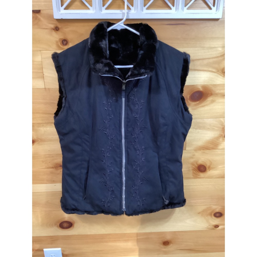 Nils Sportswear Womens Black Faux Fur Lined Embroidered Zip Up Vest Large